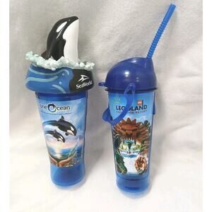 2 Cups Sea World Souvenir Park Shamu Whale 3D Topper & Legoland Cup w Straw Blue